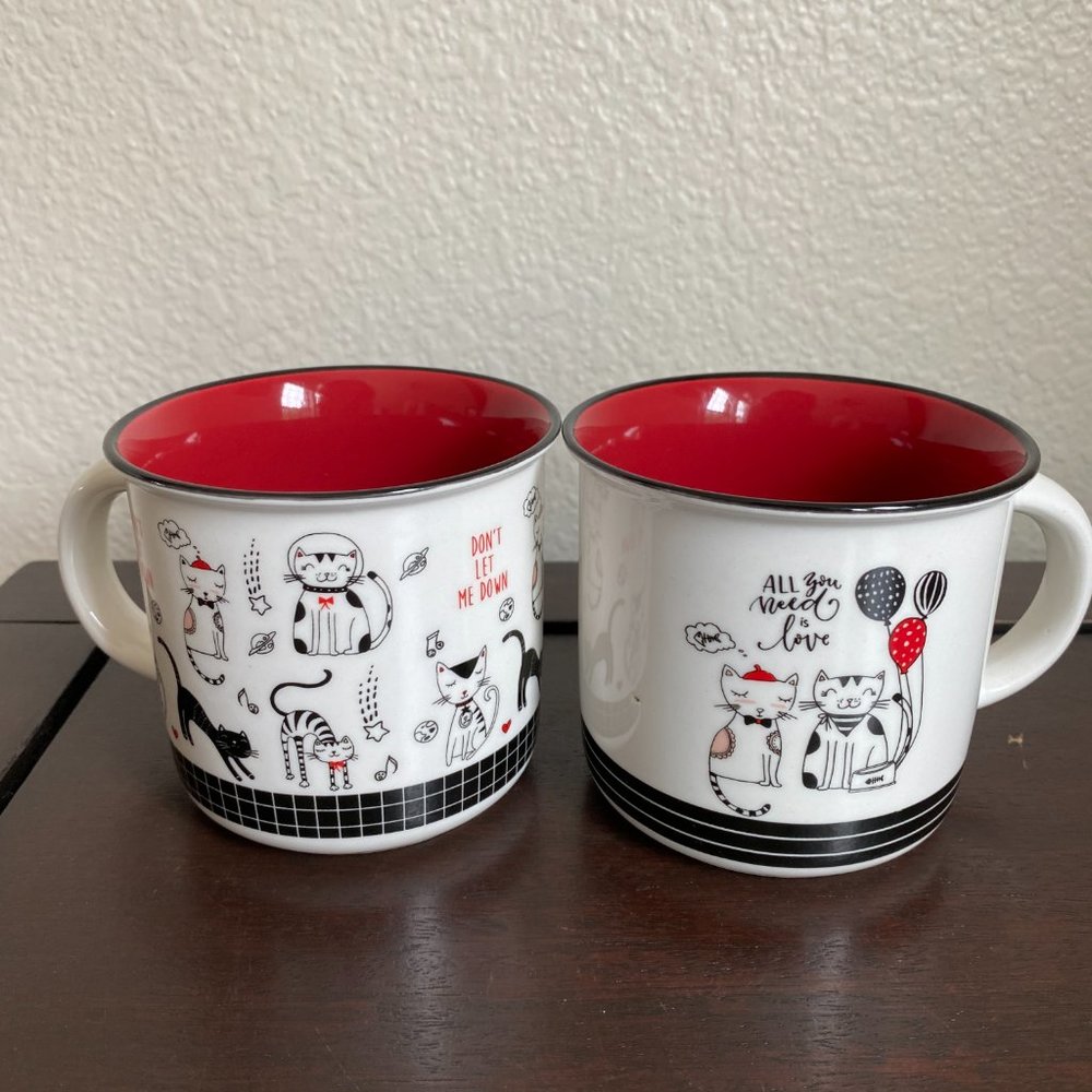 Ceramic Back Red White Mugs With Cats And Graphics Set Of 2 NWT
